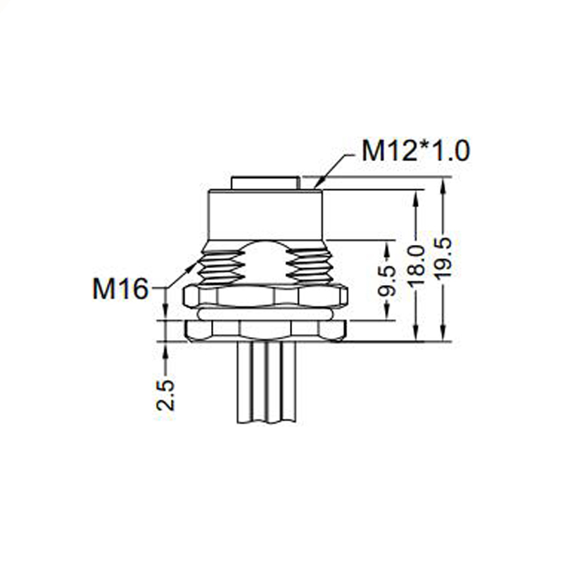 M12 5pins A code female straight front panel mount connector M16 thread,unshielded,single wires,brass with nickel plated shell